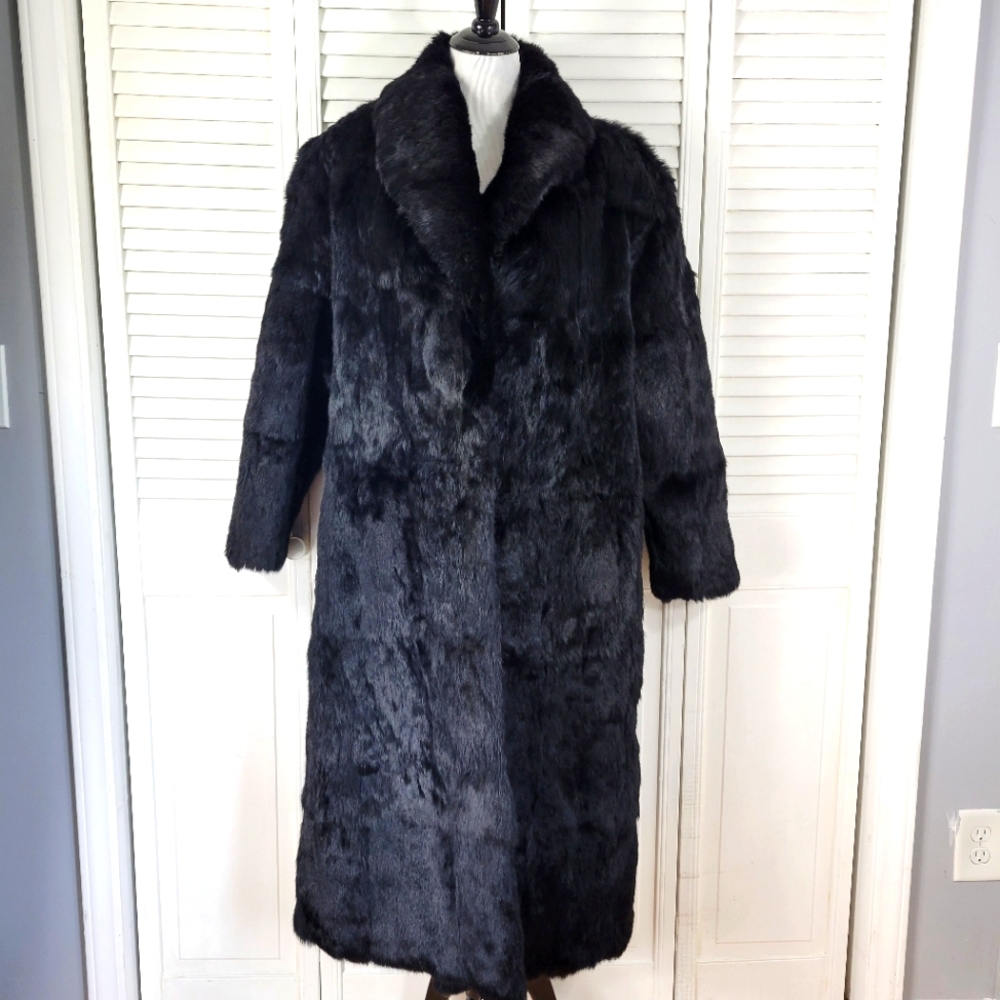 Women M genuine black rabbit fur maxi winter coat